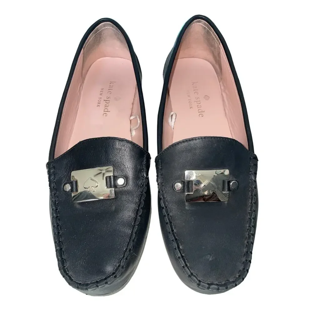 Kate Spade Black Carmen Leather Driving Loafers with Silver Spade Hardware 7B